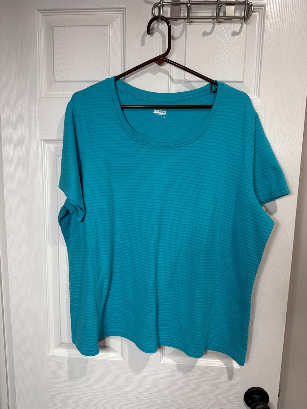 Basic Editions Teal Ribbed Short Sleeve Scoop Neck Top
